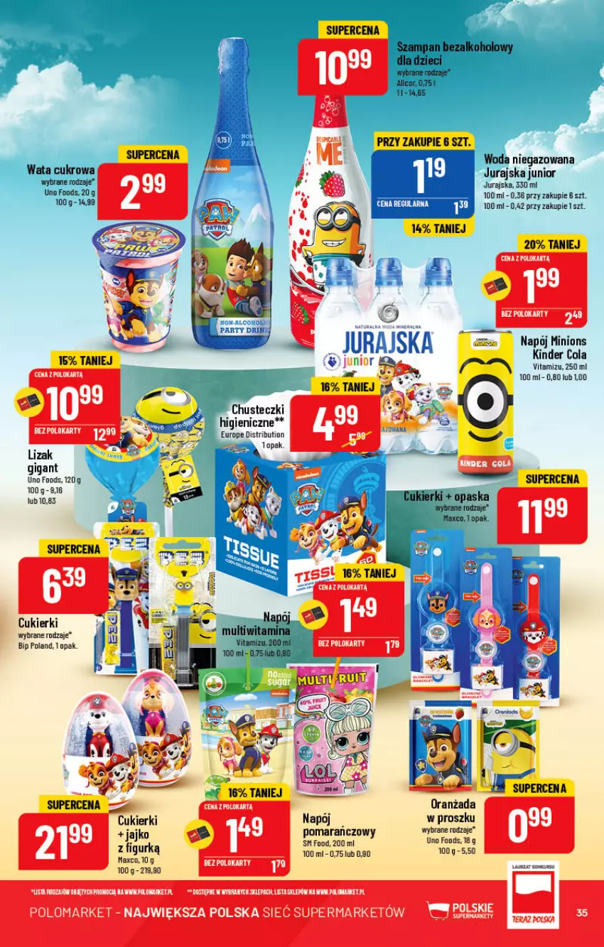 Gazetka promocyjna PoloMarket - Gazetka pomocyjna - ważna 01.06 do 07.06.2022 - strona 35 - produkty: Chusteczki, Cukier, Cukierki, Dzieci, Fa, Kinder, Napój, Oranżada, Wata cukrowa, Woda, Woda niegazowana