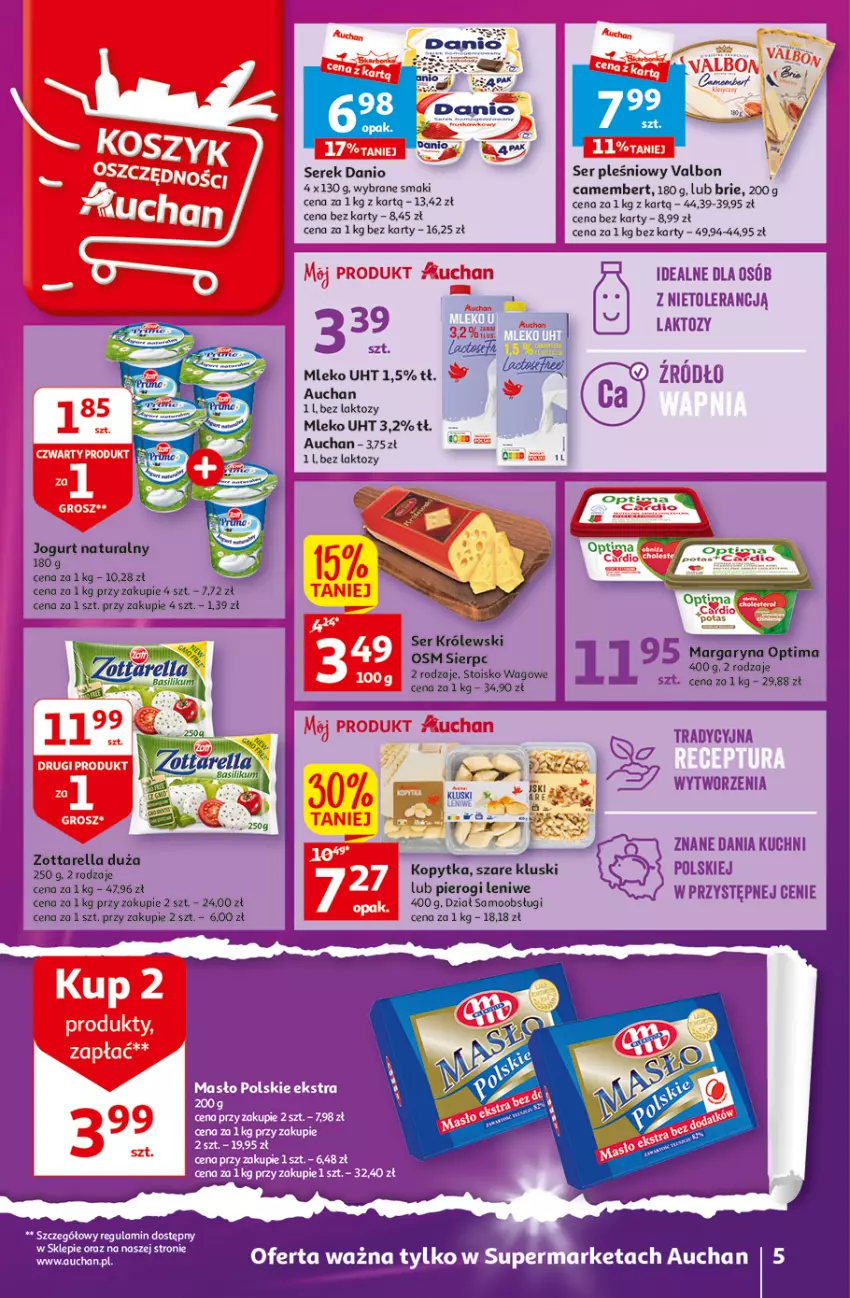 Gazetka promocyjna Auchan - Gazetka Wielkie majowe odkrycia cenowe część #3 Supermarket Auchan - ważna 11.05 do 17.05.2023 - strona 5 - produkty: Brie, Camembert, Danio, Jogurt, Jogurt naturalny, Kopytka, Masło, Mleko, Pierogi, Ser, Ser pleśniowy, Serek, Zott, Zottarella