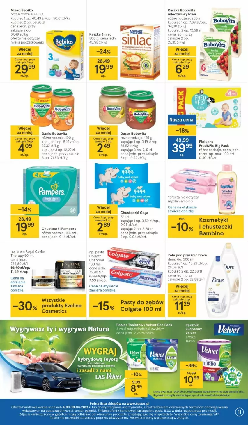 Gazetka promocyjna Tesco - Tesco gazetka - przyszły tydzień - ważna 04.03 do 10.03.2021 - strona 11 - produkty: Bebiko, BoboVita, Chusteczki, Colgate, Deser, Dove, Eveline, Gaga, Gin, LG, Mleko, Papier, Papier toaletowy, Ryż, Ser, Top, Velvet