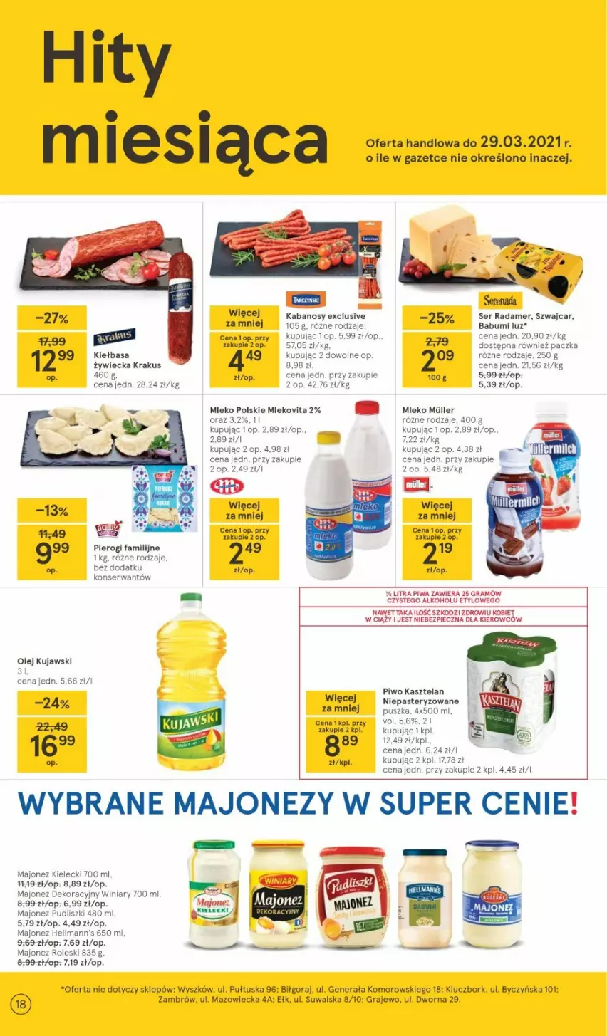 Gazetka promocyjna Tesco - Tesco gazetka - przyszły tydzień - ważna 04.03 do 10.03.2021 - strona 18 - produkty: Fa, Gra, Kabanos, Kasztelan, Kiełbasa, Koc, Krakus, Kujawski, Majonez, Mleko, Mlekovita, Olej, Piec, Pierogi, Piwa, Piwo, Pudliszki, Radamer, Ser, Winiary