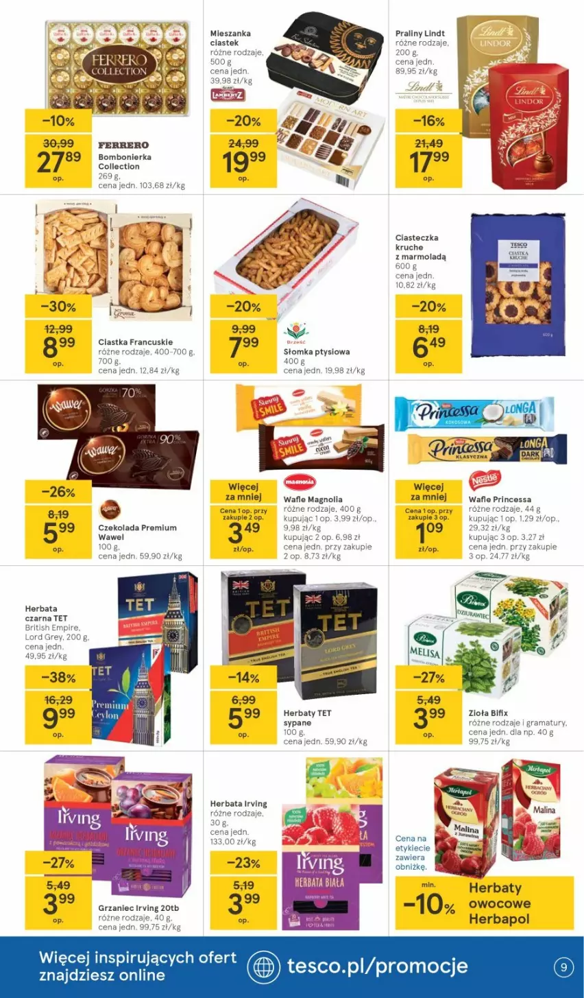 Gazetka promocyjna Tesco - Tesco gazetka - przyszły tydzień - ważna 04.03 do 10.03.2021 - strona 9 - produkty: Brit, Ciastka, Czekolada, Ferrero, Herbapol, Herbata, Herbata czarna, Irving, Lindt, Mola, Praliny, Stek, Wafle, Wawel