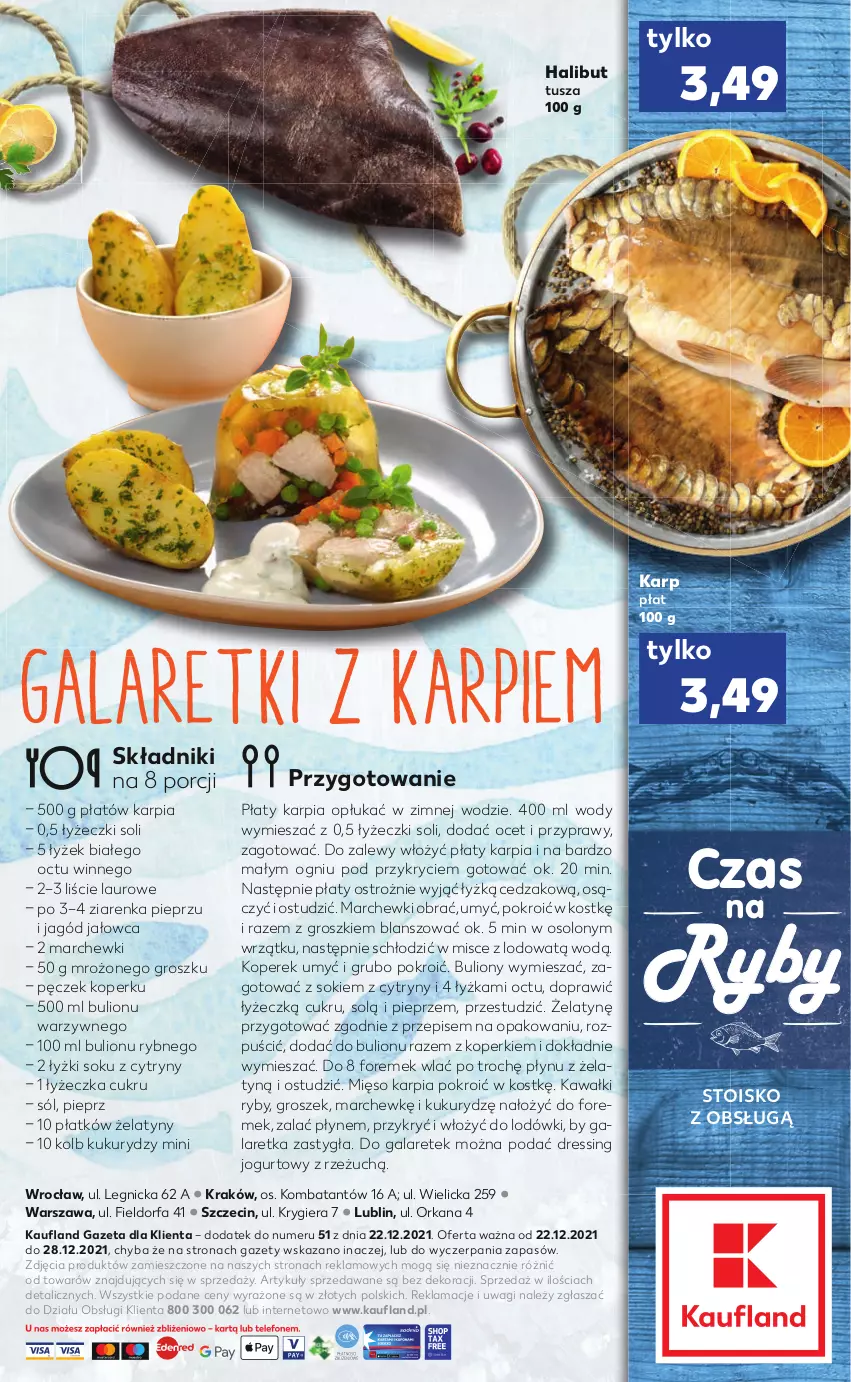 Gazetka promocyjna Kaufland - RYBY - ważna 22.12 do 28.12.2021 - strona 2 - produkty: Bulion, Cedzak, Cytryny, Dres, Fa, Gala, Galaretka, Galaretki, Groszek, Halibut, Jogurt, Karp, Kawa, Laur, Lion, Mięso, Ocet, Orka, Pieprz, Por, Przyprawy, Sok, Sól, Tusz, Wagi