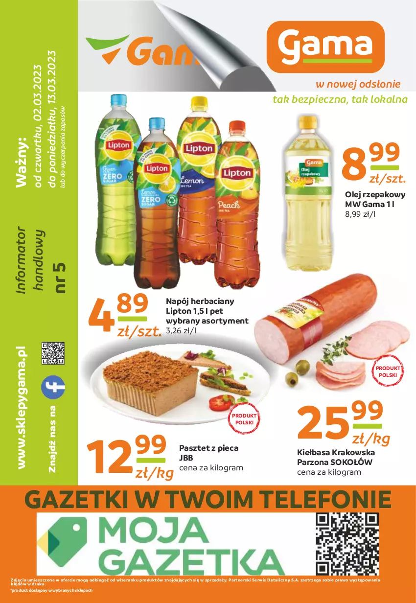 Gazetka promocyjna Gama - Gazetka Gama - ważna 13.03.2023 do 02.03.2024 - strona 12 - produkty: Gra, Kiełbasa, Kiełbasa krakowska, Lipton, Napój, Olej, Olej rzepakowy, Pasztet, Piec, Ser, Sok, Sokołów, Telefon