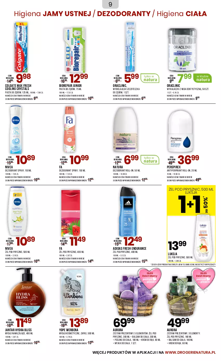 Gazetka promocyjna Drogerie Natura - Gazetka Drogerie Natura - ważna 23.05 do 04.06.2025 - strona 9 - produkty: Adidas, Balsam do ciała, Biorepair, Clin, Colgate, Dezodorant, Fa, Higiena jamy ustnej, Krem do rąk, LG, Luksja, Mydło, Nivea, Pasta do zębów, Peeling, Szczoteczka, Szczoteczka do zębów, Yope, Zestaw prezentowy