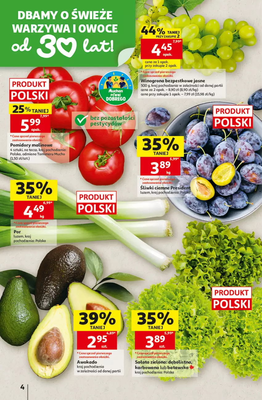 Gazetka promocyjna Auchan - Gazetka 30 Lat Hipermarket Auchan - ważna 17.09 do 23.09.2026 - strona 4 - produkty: Pomidory, Por, Sałat, Wino, Winogrona, Winogrona bezpestkowe