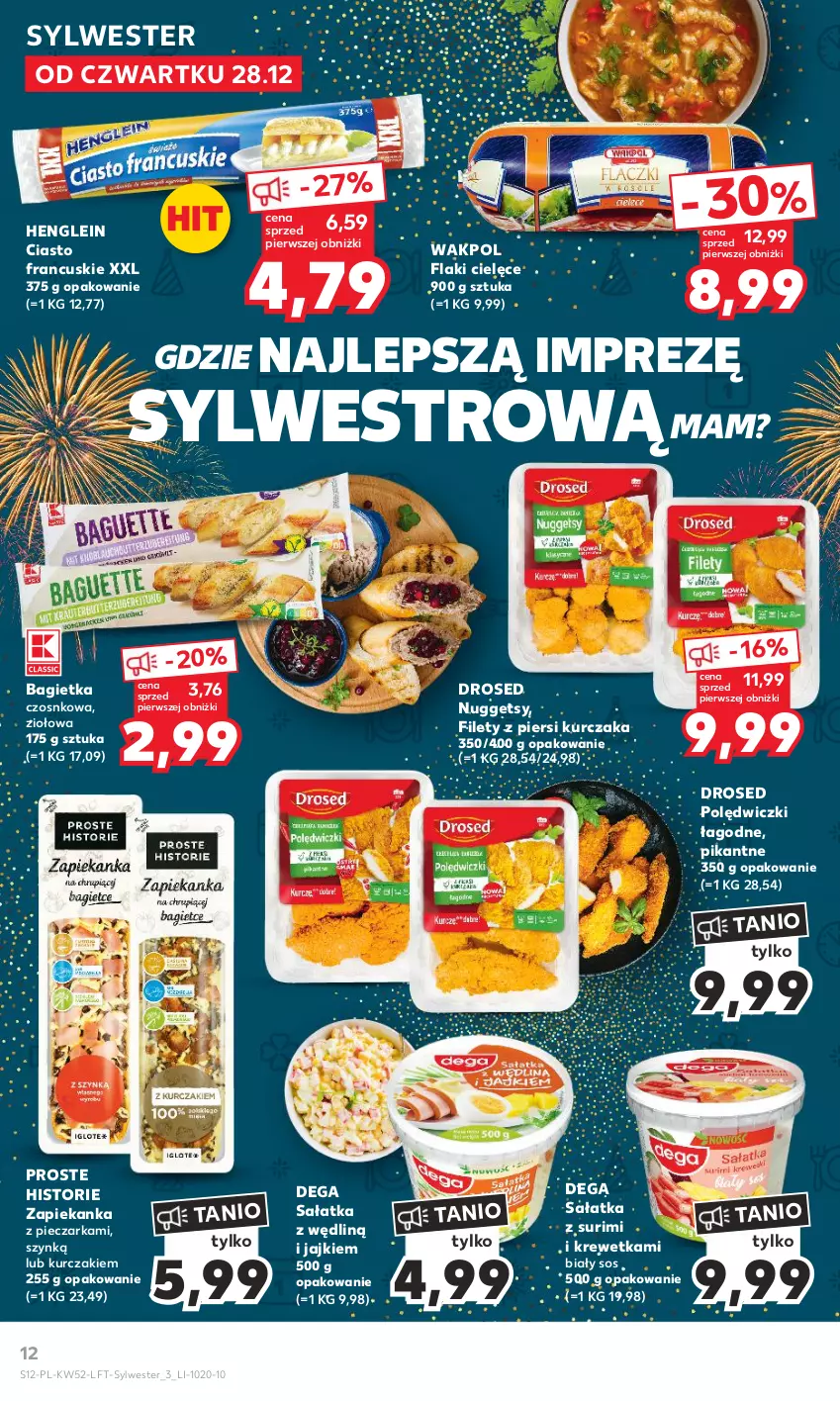 Gazetka promocyjna Kaufland - Gazetka tygodnia - ważna 28.12.2023 do 02.01.2024 - strona 12 - produkty: Bagietka, Bagietka czosnkowa, Ciasto francuskie, Dega, Flaki, Kurczak, Piec, Pieczarka, Sałat, Sałatka, Sos, Surimi, Zapiekanka