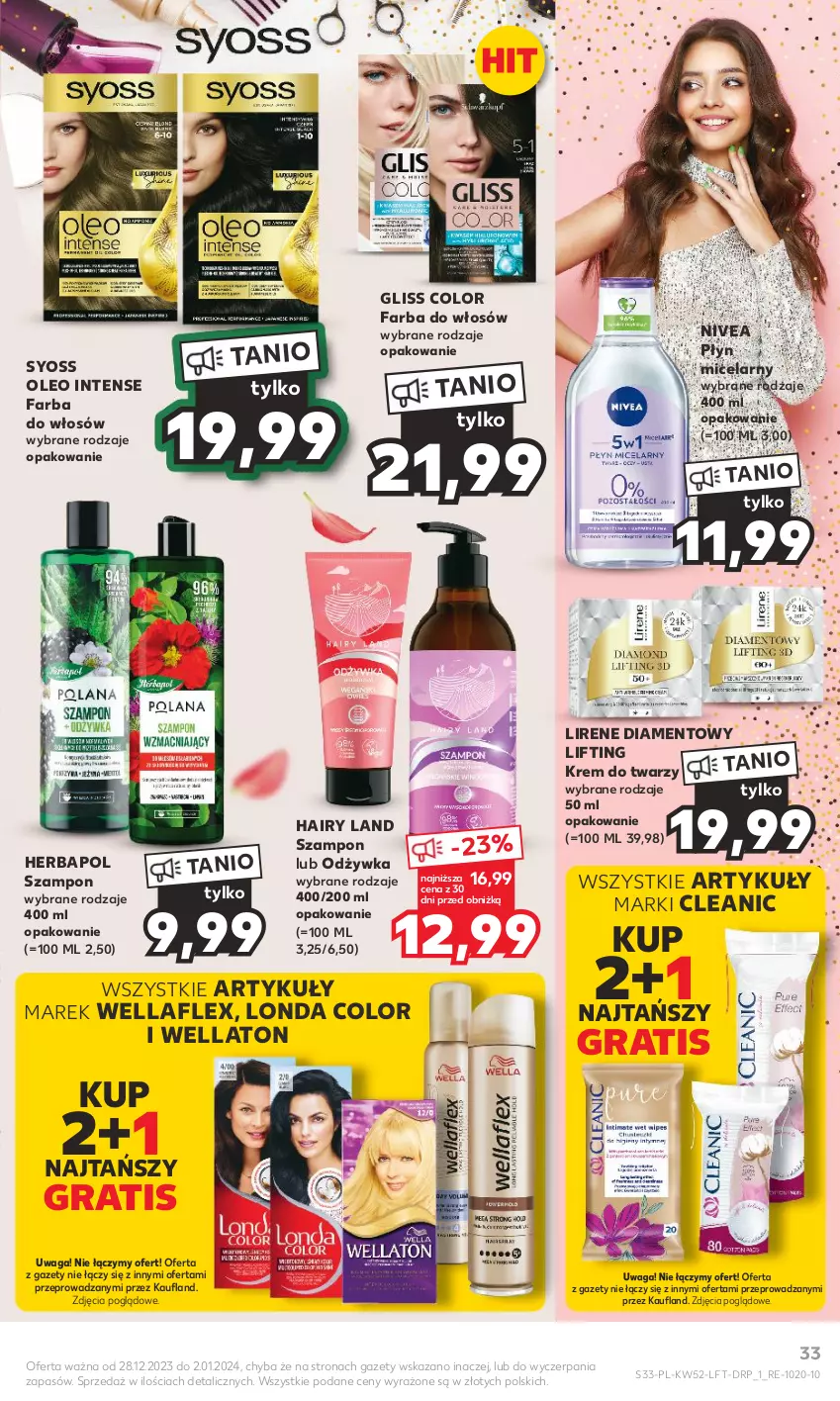 Gazetka promocyjna Kaufland - Gazetka tygodnia - ważna 28.12.2023 do 02.01.2024 - strona 33 - produkty: Cleanic, Fa, Farba do włosów, Gra, Herbapol, Krem do twarzy, Lirene, Nivea, Odżywka, Oleo, Płyn micelarny, Syoss, Szampon, Waga, Wella, Wellaflex