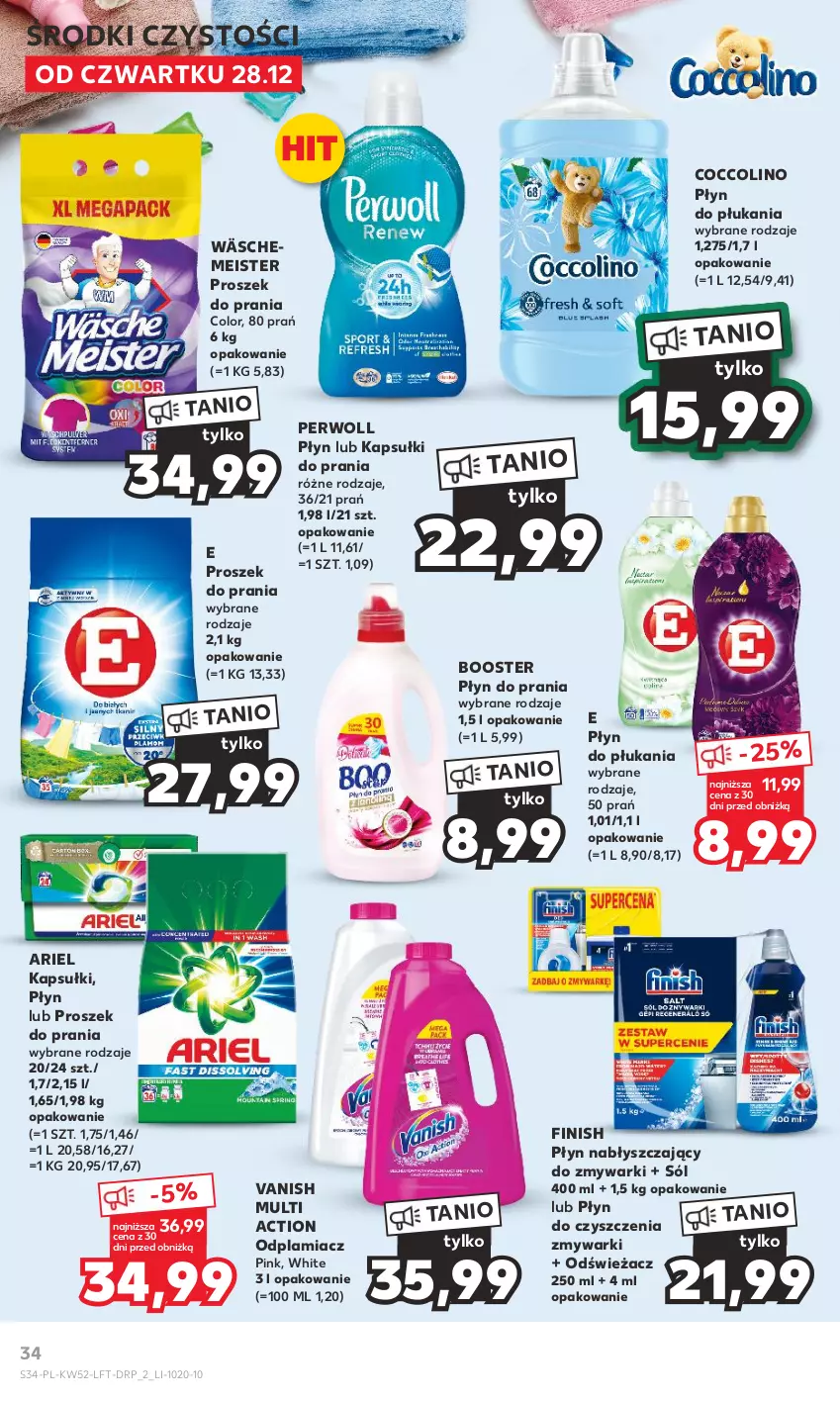 Gazetka promocyjna Kaufland - Gazetka tygodnia - ważna 28.12.2023 do 02.01.2024 - strona 34 - produkty: Ariel, Booster, Coccolino, Finish, Kapsułki do prania, Odplamiacz, Perwoll, Płyn do płukania, Płyn do prania, Płyn nabłyszczający, Proszek do prania, Sól, Vanish, Zmywarki