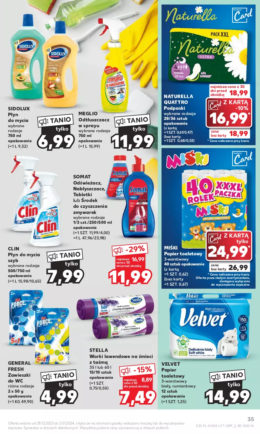 Gazetka promocyjna Kaufland - Gazetka tygodnia - ważna 28.12.2023 do 02.01.2024 - strona 35 - produkty: Clin, Naturell, Naturella, Odtłuszczacz, Papier, Papier toaletowy, Płyn do mycia, Podpaski, Rum, Sidolux, Somat, Tablet, Velvet, Zawieszki