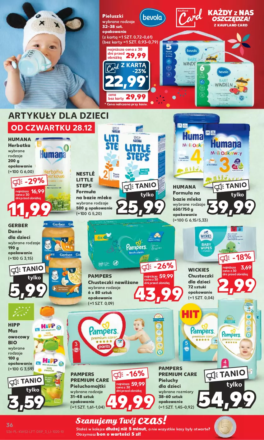 Gazetka promocyjna Kaufland - Gazetka tygodnia - ważna 28.12.2023 do 02.01.2024 - strona 36 - produkty: Chusteczki, Danie dla dzieci, Dzieci, Gerber, HiPP, Humana, Majtki, Mus, Nestlé, Olej, Pampers, Pieluchomajtki, Pieluchy