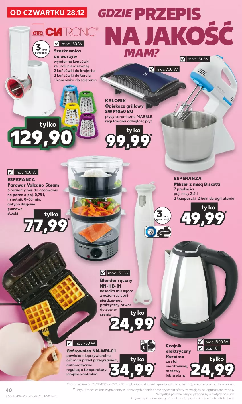 Gazetka promocyjna Kaufland - Gazetka tygodnia - ważna 28.12.2023 do 02.01.2024 - strona 40 - produkty: Blender, Blender ręczny, Czajnik, Czajnik elektryczny, Gofrownica, Gra, Grill, Mikser, Mikser z misą, Noż, Ser, Szatkownica, Top