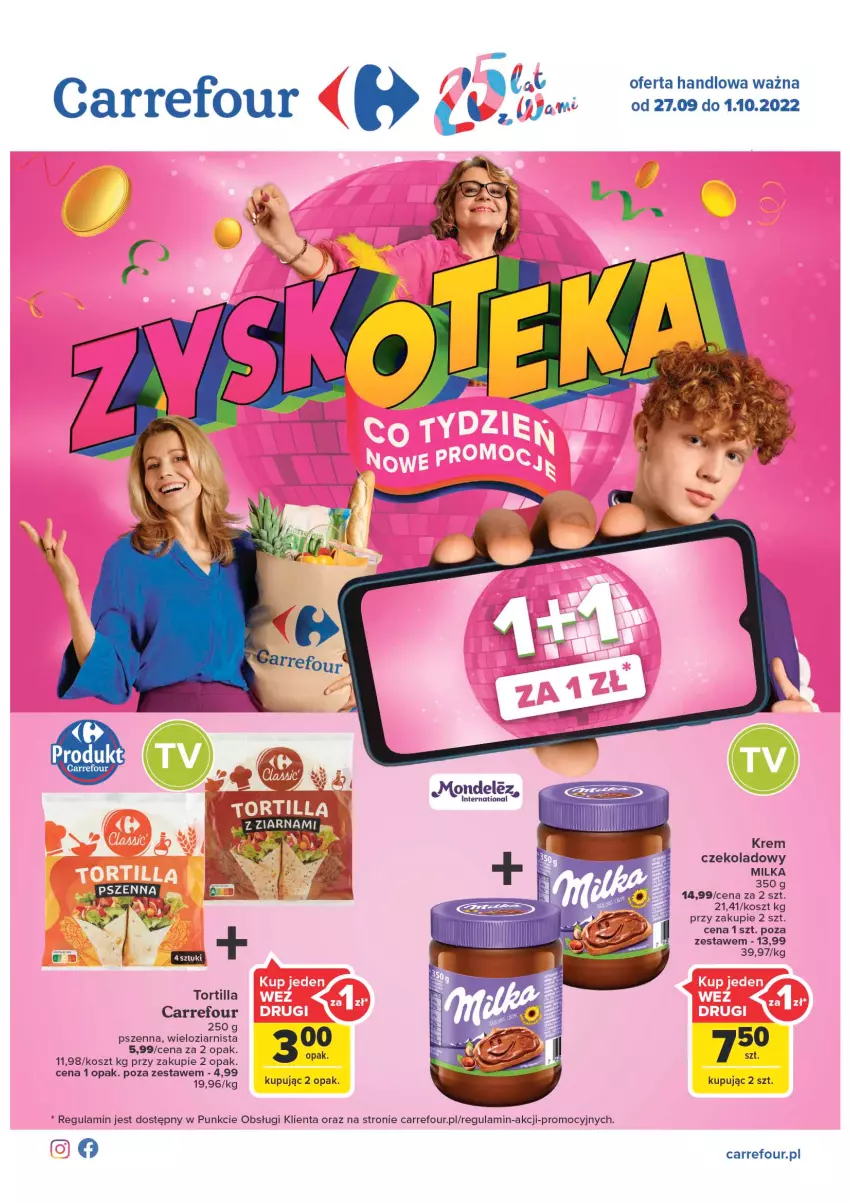 Gazetka promocyjna Carrefour - Gazetka Carrefour Zyskoteka - ważna 27.09 do 01.10.2022 - strona 1 - produkty: Kosz, Milka, Tortilla