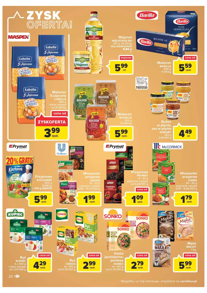 Gazetka promocyjna Carrefour - Gazetka Carrefour Zyskoteka - ważna 27.09 do 01.10.2022 - strona 20 - produkty: Barilla, Bell, Bella, Cenos, Gra, Kamis, Kasza, Kasza jęczmienna, Knorr, Kucharek, Kupiec, Lubella, Majonez, Makaron, Olej, Piec, Prymat, Ryż, Sonko, Sos, Sos w płynie, Winiary