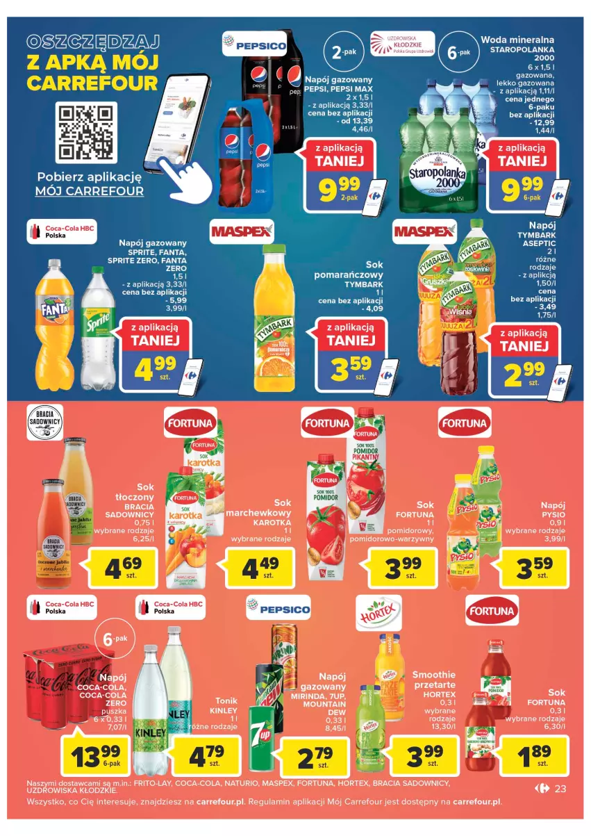 Gazetka promocyjna Carrefour - Gazetka Carrefour Zyskoteka - ważna 27.09 do 01.10.2022 - strona 23 - produkty: Coca-Cola, Fa, Fanta, Fortuna, Hortex, LG, Napój, Napój gazowany, Pepsi, Pepsi max, Smoothie, Sok, Sok pomarańczowy, Sprite, Staropolanka, Tymbark, Woda, Woda mineralna