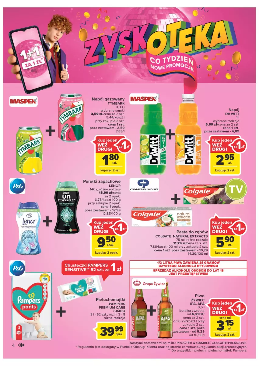 Gazetka promocyjna Carrefour - Gazetka Carrefour Zyskoteka - ważna 27.09 do 01.10.2022 - strona 4 - produkty: Chusteczki, Colgate, Gra, Kosz, Lenor, LG, Majtki, Napój, Napój gazowany, Palmolive, Pampers, Pasta do zębów, Perełki zapachowe, Pieluchomajtki, Piwa, Piwo, Tymbark