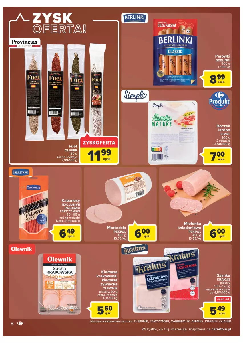 Gazetka promocyjna Carrefour - Gazetka Carrefour Zyskoteka - ważna 27.09 do 01.10.2022 - strona 6 - produkty: Boczek, Danio, Kabanos, Kiełbasa, Kiełbasa krakowska, Krakus, Olewnik, Pekpol, Szynka, Tarczyński