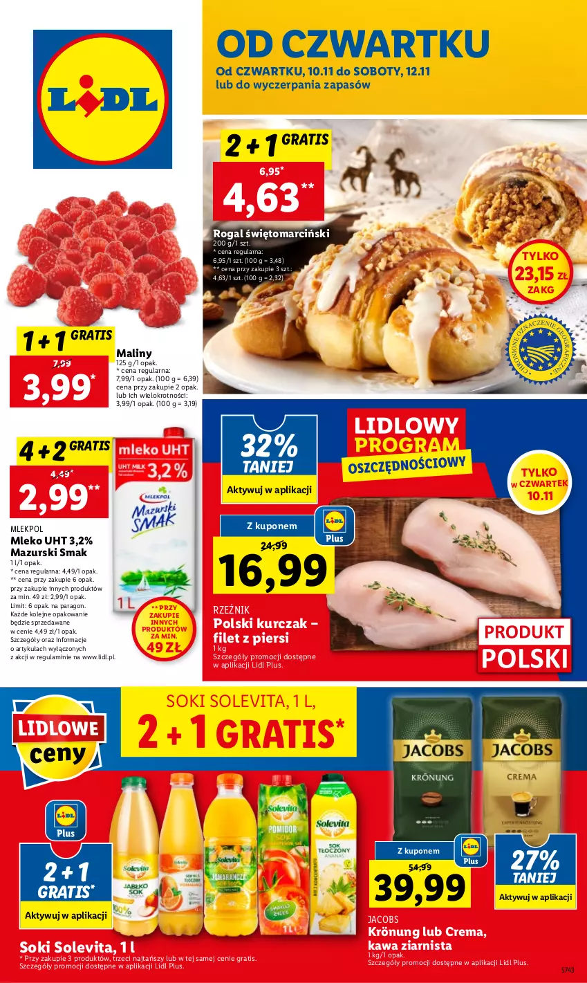 Gazetka promocyjna Lidl - GAZETKA - ważna 10.11 do 12.11.2022 - strona 1 - produkty: Gra, Jacobs, Jacobs Krönung, Kawa, Kawa ziarnista, Kurczak, Maliny, Mleko, Olej, Rogal, Sok