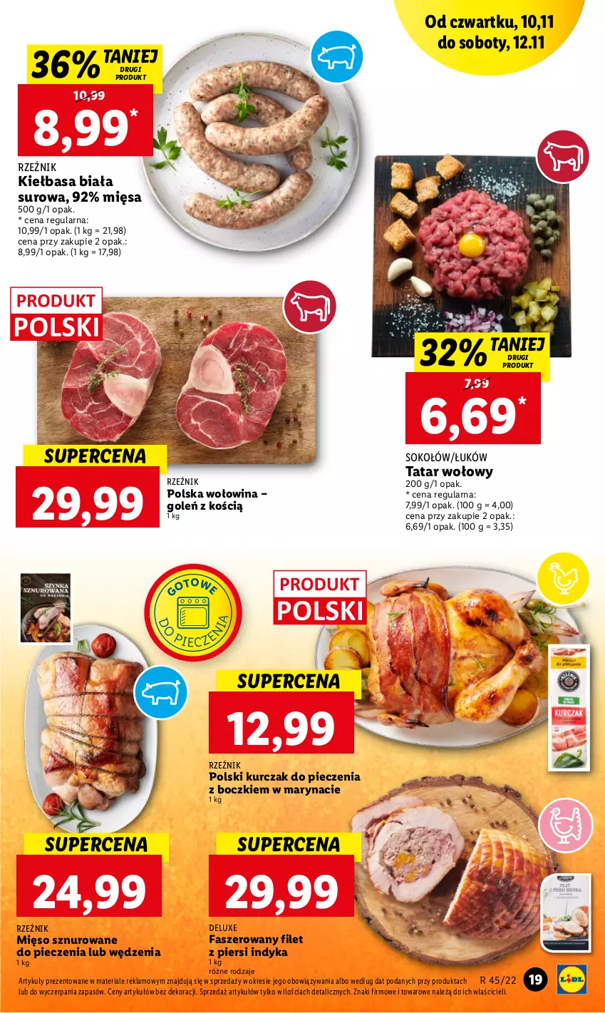 Gazetka promocyjna Lidl - GAZETKA - ważna 10.11 do 12.11.2022 - strona 19 - produkty: Fa, Filet z piersi indyka, Kiełbasa, Kiełbasa biała, Kurczak, Mięso, Piec, Sok, Sokołów, Tatar wołowy, Wołowina