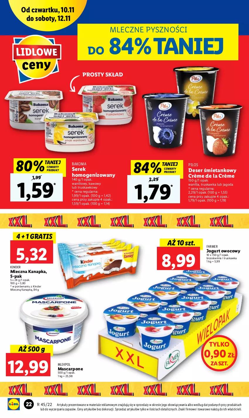 Gazetka promocyjna Lidl - GAZETKA - ważna 10.11 do 12.11.2022 - strona 24 - produkty: Bakoma, Deser, Fa, Gra, Jogurt, Jogurt owocowy, Kinder, Mascarpone, Mleczna kanapka, Pilos, Por, Ser, Serek, Serek homogenizowany