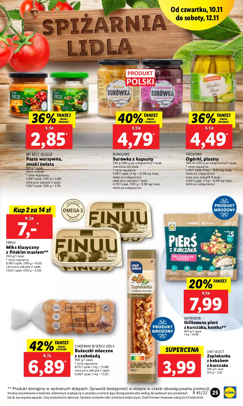 Gazetka promocyjna Lidl - GAZETKA - ważna 10.11 do 12.11.2022 - strona 27 - produkty: Bułeczki, Bułeczki mleczne, Cukier, Finuu, Grill, Kebab, Kurczak, Omega-3, Pasta warzywna, Runoland, Ser, Surówka, Zapiekanka