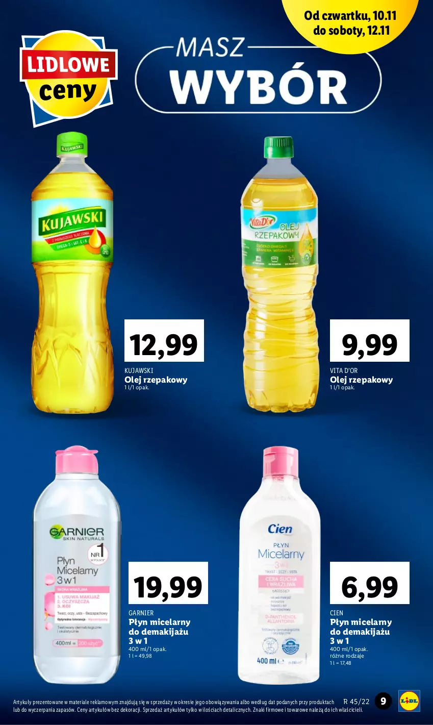 Gazetka promocyjna Lidl - GAZETKA - ważna 10.11 do 12.11.2022 - strona 9 - produkty: Garnier, Kujawski, Makijaż, Olej, Olej rzepakowy, Płyn micelarny