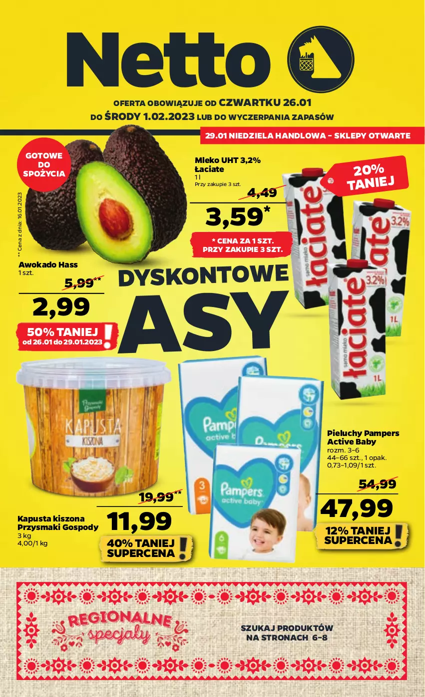 Gazetka promocyjna Netto - Artykuły spożywcze - ważna 26.01 do 01.02.2023 - strona 1 - produkty: Mleko, Pampers, Pieluchy, Przysmaki