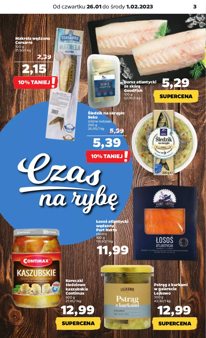 Gazetka promocyjna Netto - Artykuły spożywcze - ważna 26.01 do 01.02.2023 - strona 3 - produkty: Dorsz, Gala, Koreczki śledziowe, Por, Pstrąg, SEKO