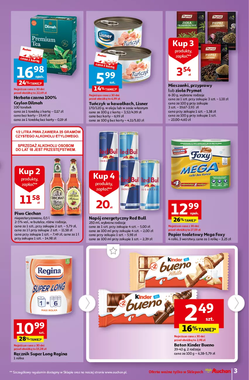 Gazetka promocyjna Auchan - Gazetka Tanie Zakupy Moje Auchan - ważna 03.08 do 09.08.2023 - strona 3 - produkty: Baton, Dilmah, Foxy, Gin, Gra, Herbata, Herbata czarna, Kawa, Kinder, Kinder Bueno, Lisner, Napój, Napój energetyczny, Olej, Papier, Papier toaletowy, Piwa, Piwo, Prymat, Przyprawy, Ręcznik, Red Bull, Rolki, Sos, Tuńczyk