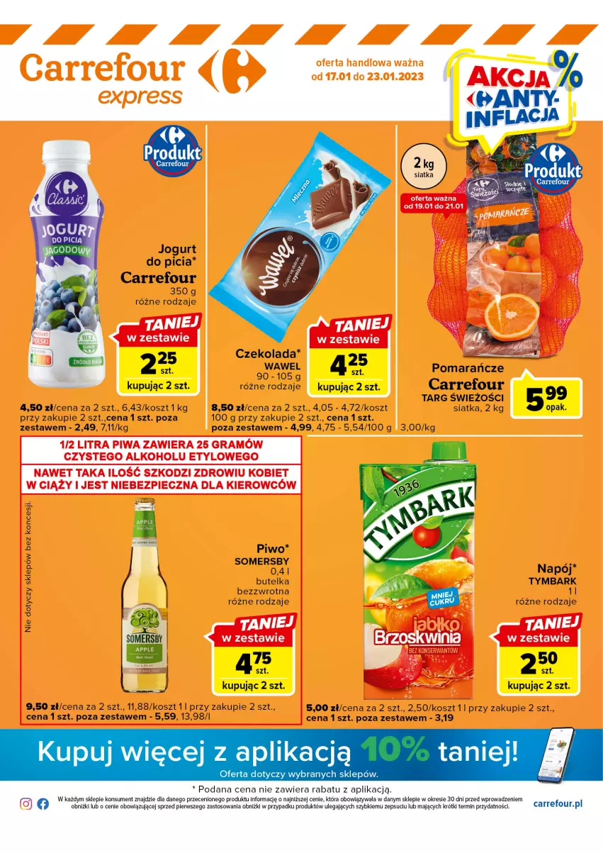 Gazetka promocyjna Carrefour - Gazetka Express - ważna 17.01 do 23.01.2023 - strona 1 - produkty: Czekolada, Jogurt, Kosz, Napój, Piwo, Pomarańcze, Siatka, Somersby, Tymbark, Wawel