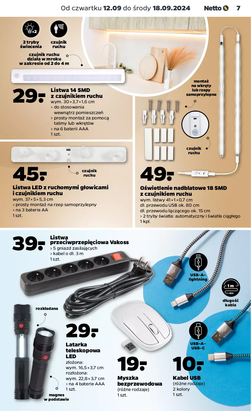 Gazetka promocyjna Netto - Akcesoria i dodatki - ważna 12.09 do 18.09.2024 - strona 7 - produkty: Kabel USB, Latarka, Listwa, Mop, Mysz, Tarka, Teleskop, Wkręt, Wkrętów