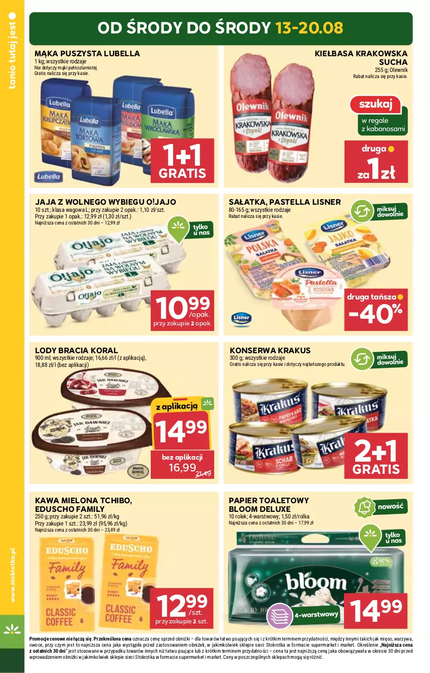 Gazetka promocyjna Stokrotka - Supermarket - ważna 13.08 do 20.08.2025 - strona 2 - produkty: Bell, Bella, Fa, Gra, Jaja, Jaja z wolnego wybiegu, Kawa, Kawa mielona, Kiełbasa, Kiełbasa krakowska, Krakus, Lisner, Lody, Lubella, Mąka, Mięso, Olewnik, Owoce, Papier, Papier toaletowy, Pastella, Sałat, Sałatka, Ser, Tchibo, Warzywa