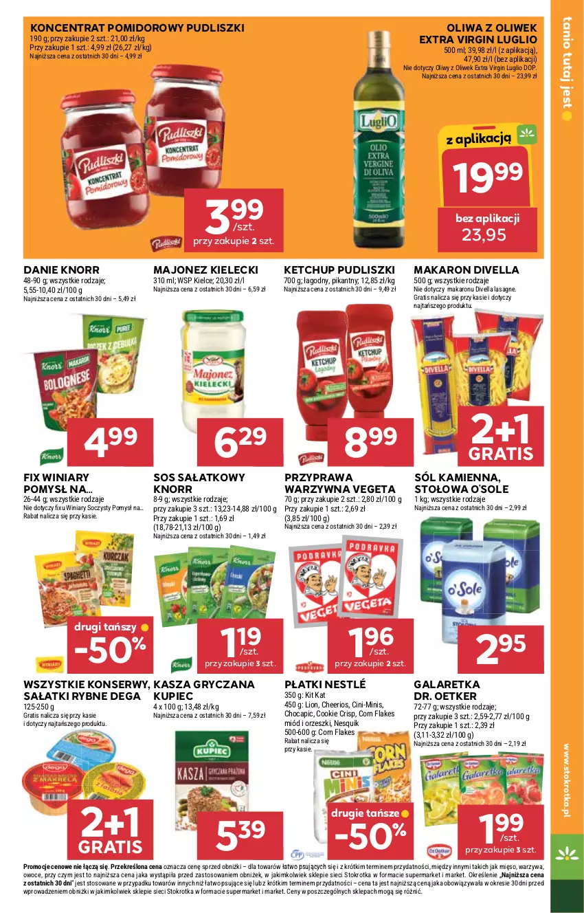 Gazetka promocyjna Stokrotka - Supermarket - ważna 13.08 do 20.08.2025 - strona 21 - produkty: Cheerios, Corn flakes, Dega, Dr. Oetker, Gala, Galaretka, Gin, Gra, Gry, Kasza, Kasza gryczana, Ketchup, Kit Kat, Knorr, Koncentrat pomidorowy, Kupiec, Lasagne, Lion, Majonez, Makaron, Mięso, Miód, Nesquik, Nestlé, Oliwa z oliwek, Orzeszki, Owoce, Piec, Pudliszki, Sałat, Ser, Sól, Sos, Vegeta, Warzywa, Winiary