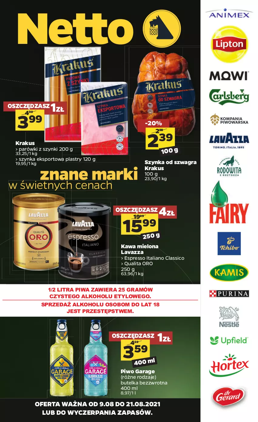 Gazetka promocyjna Netto - Katalog znanych marek - ważna 09.08 do 21.08.2021 - strona 1 - produkty: Gra, Kawa, Kawa mielona, Krakus, Lavazza, Parówki, Parówki z szynki, Piwa, Piwo, Por, Sport, Szynka