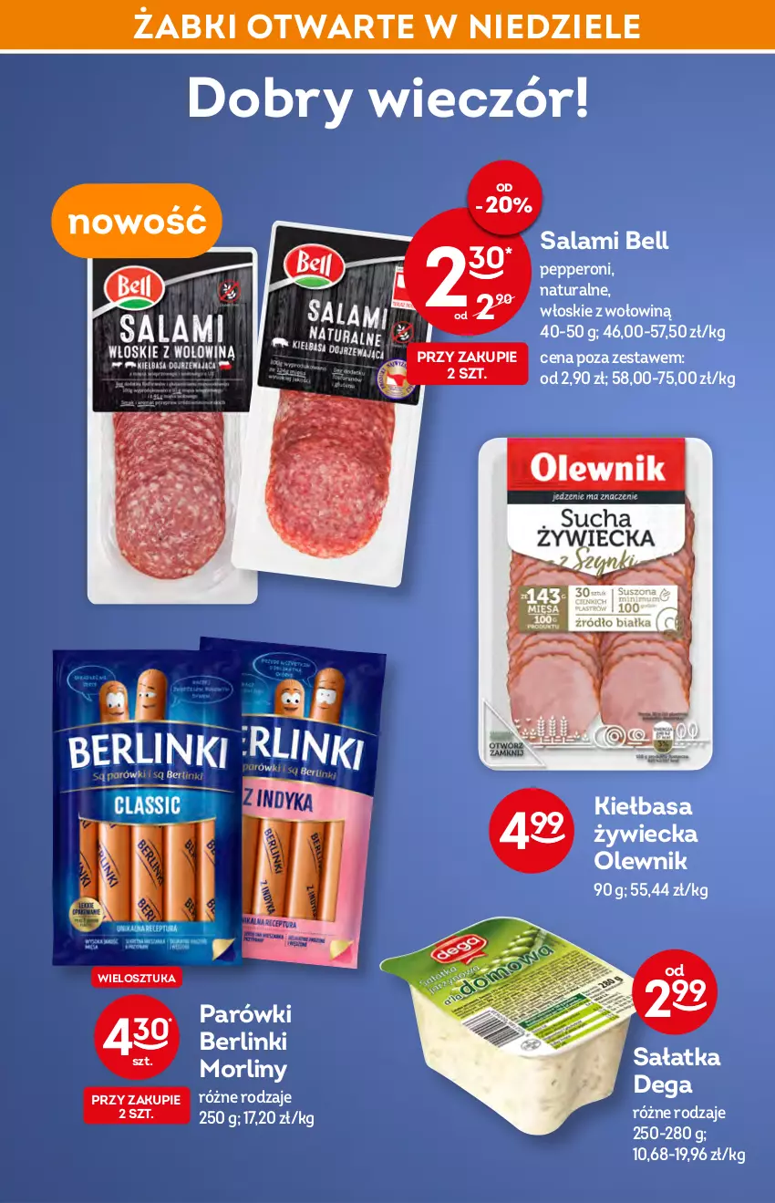 Gazetka promocyjna Żabka - ważna 23.02 do 01.03.2022 - strona 42 - produkty: Bell, Berlinki, Dega, Kiełbasa, Lisner, Morliny, Olewnik, Parówki, Pastella, Salami, Sałat, Sałatka