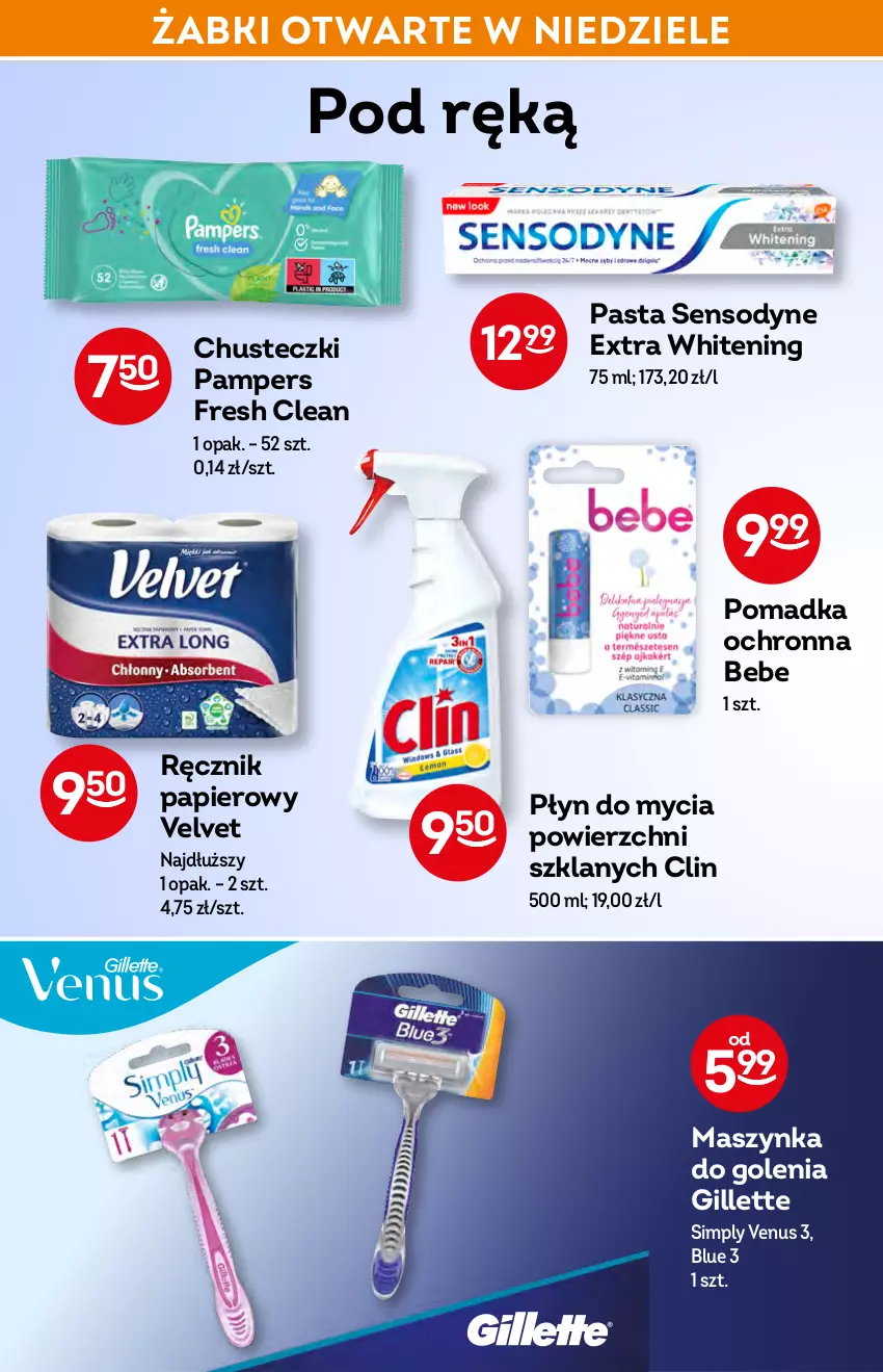 Gazetka promocyjna Żabka - ważna 23.02 do 01.03.2022 - strona 44 - produkty: Chusteczki, Clin, Gillette, Maszynka, Maszynka do golenia, Pampers, Papier, Płyn do mycia, Ręcznik, Sensodyne, Szynka, Velvet, Venus