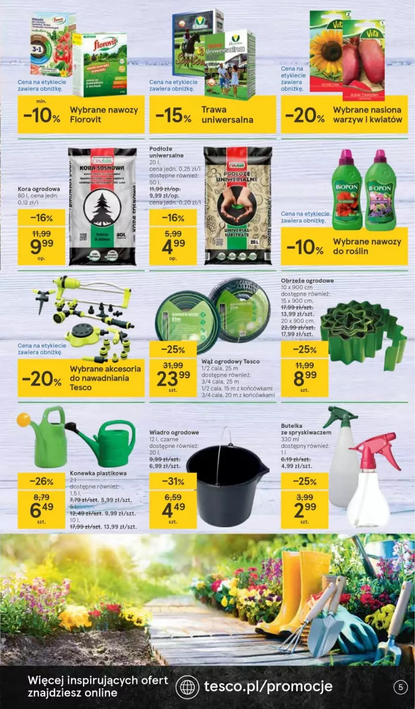 Gazetka promocyjna Tesco - Tesco katalog Ogród - ważna 22.04 do 19.05.2021 - strona 5 - produkty: Butelka ze spryskiwaczem, Konewka, Kora ogrodowa, Wiadro