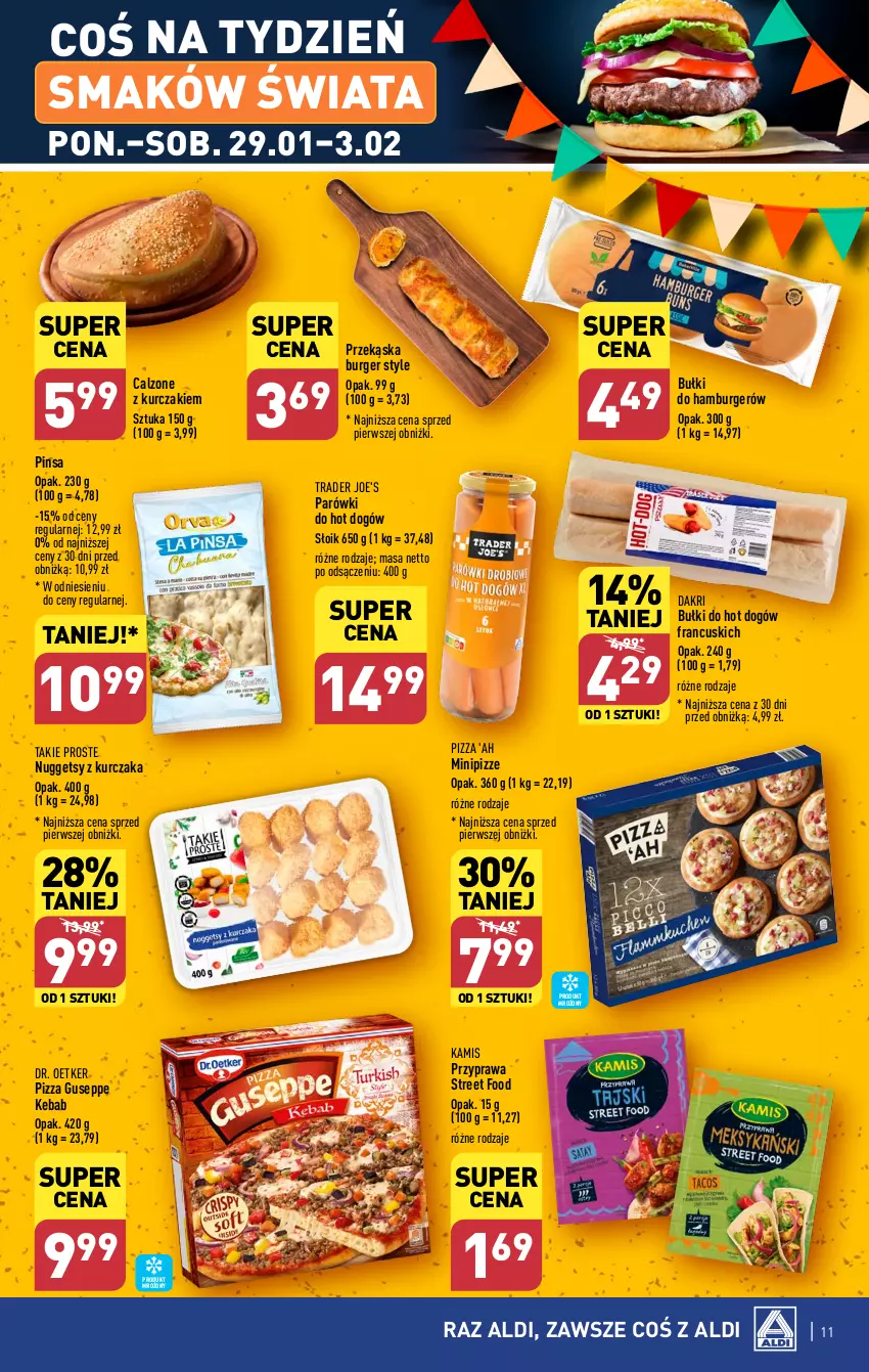 Gazetka promocyjna Aldi - Pełna oferta - ważna 29.01 do 03.02.2024 - strona 11 - produkty: Bułki do hot dogów, Burger, Dr. Oetker, Hamburger, Hot dog, Kamis, Kebab, Kurczak, Parówki, Pizza