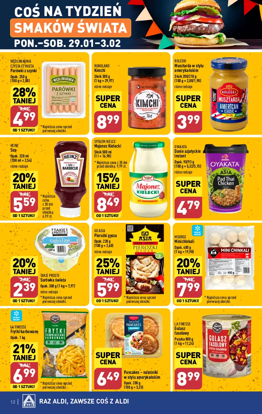 Gazetka promocyjna Aldi - Pełna oferta - ważna 29.01 do 03.02.2024 - strona 12 - produkty: Fa, Frytki, Heinz, Inka, Majonez, Mus, Musztarda, Naleśniki, Parówki, Parówki z szynki, Runoland, Sos, Surówka