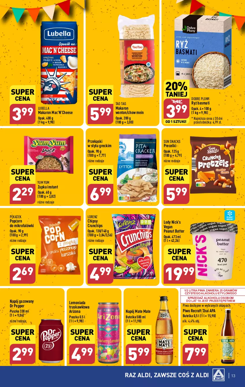 Gazetka promocyjna Aldi - Pełna oferta - ważna 29.01 do 03.02.2024 - strona 13 - produkty: Bell, Bella, Chipsy, Crunchips, Fa, Gra, Lemoniada, Lody, Lorenz, Lubella, Makaron, Napój, Napój gazowany, Piwa, Piwo, Popcorn, Precelki, Ryż, Ryż basmati