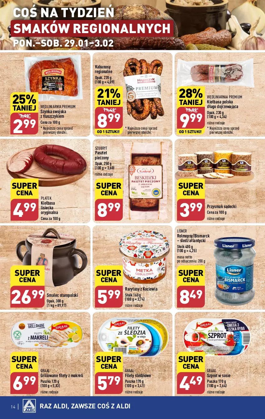 Gazetka promocyjna Aldi - Pełna oferta - ważna 29.01 do 03.02.2024 - strona 14 - produkty: Gin, Gra, Graal, Grill, Kabanos, Kiełbasa, Koc, Lisner, Mop, Pasztet, Piec, Smalec, Sos, Szprot, Szprot w sosie, Szubryt, Szynka