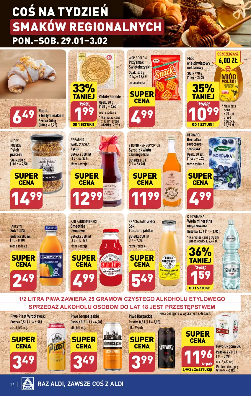 Gazetka promocyjna Aldi - Pełna oferta - ważna 29.01 do 03.02.2024 - strona 16 - produkty: Cisowianka, Gra, Herbapol, Karp, Koc, Miód, Nektar, Okocim, Piast, Piwa, Piwo, Rogal, Smoothie, Sok, Syrop, Woda, Woda mineralna