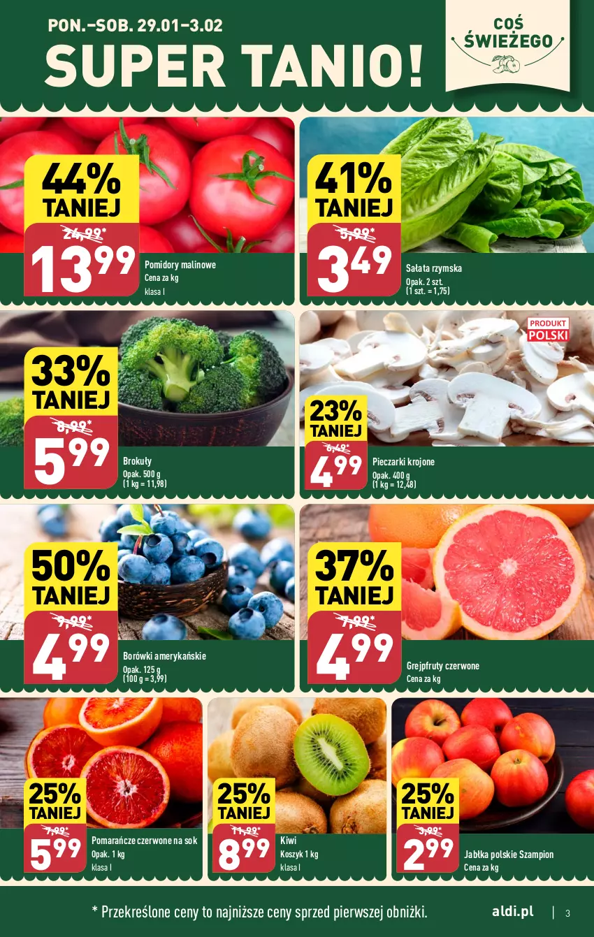 Gazetka promocyjna Aldi - Pełna oferta - ważna 29.01 do 03.02.2024 - strona 3 - produkty: Brokuły, Grejpfrut, Jabłka, Kiwi, Kosz, Piec, Pieczarki krojone, Pomarańcze, Pomidory, Sałat, Sok, Szampion