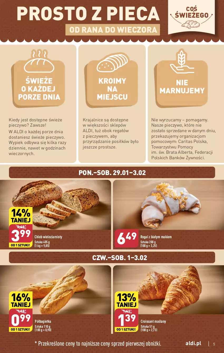 Gazetka promocyjna Aldi - Pełna oferta - ważna 29.01 do 03.02.2024 - strona 5 - produkty: Bagietka, Chleb, Chleb wieloziarnisty, Croissant, Piec, Pieczywo, Półbagietka, Por, Regał, Rogal