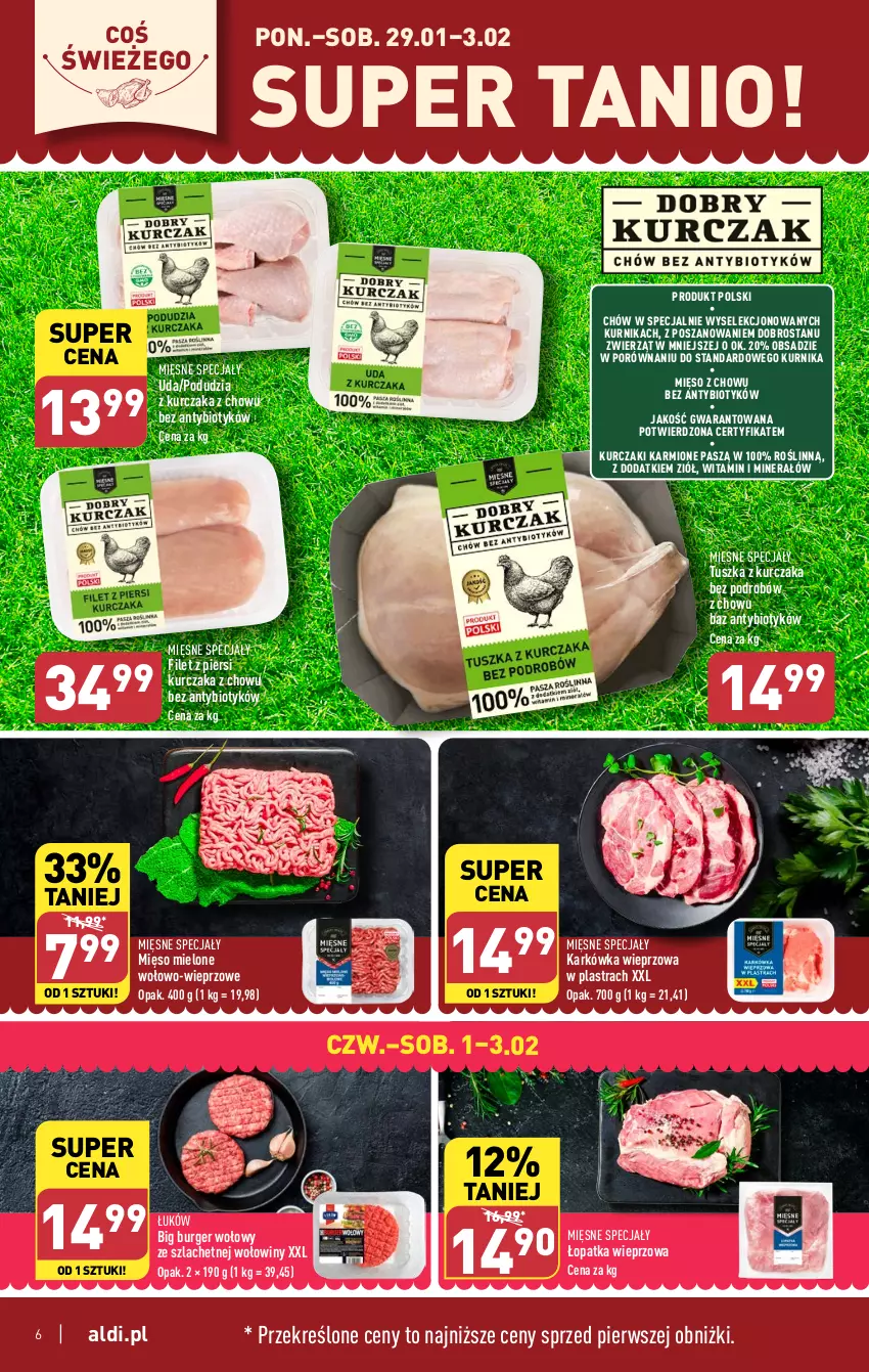 Gazetka promocyjna Aldi - Pełna oferta - ważna 29.01 do 03.02.2024 - strona 6 - produkty: Burger, Filet z piersi kurczaka, Karkówka wieprzowa, Karmi, Kurczak, Mięsne specjały, Mięso, Mięso mielone, Por, Tusz