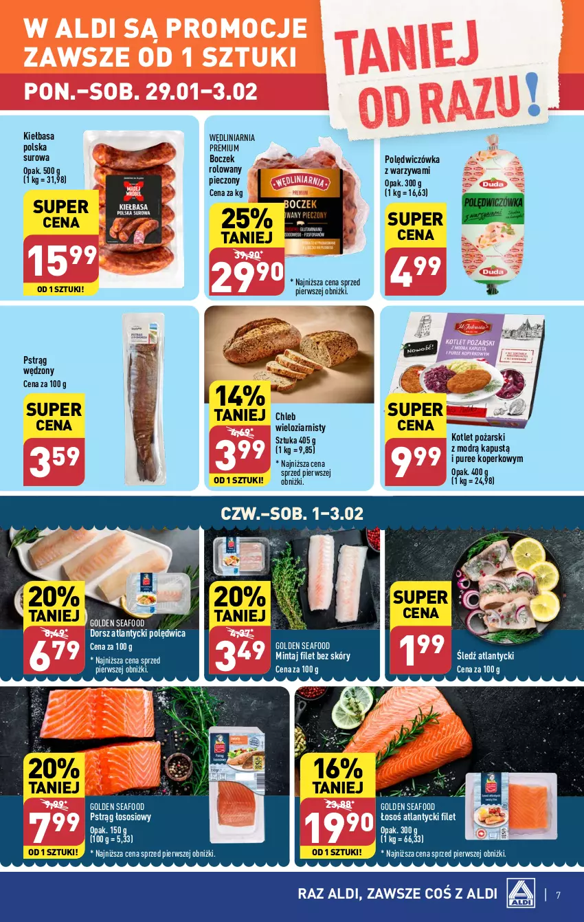 Gazetka promocyjna Aldi - Pełna oferta - ważna 29.01 do 03.02.2024 - strona 7 - produkty: Boczek, Chleb, Chleb wieloziarnisty, Dorsz, Golden Seafood, Kapustą, Kiełbasa, Kotlet, Mintaj, Piec, Polędwica, Pstrąg, Pstrąg łososiowy, Pstrąg wędzony, Pur, Sos, Warzywa