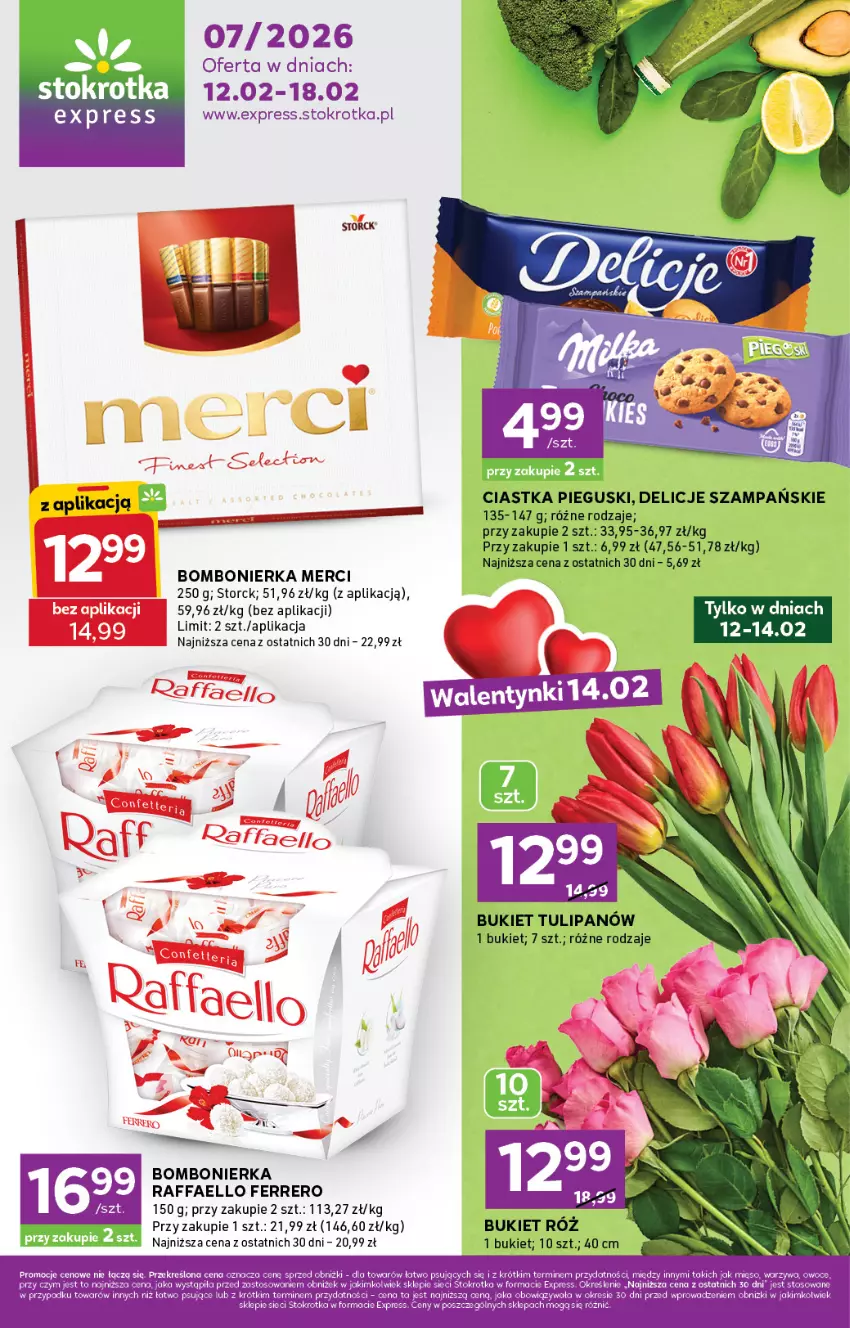 Gazetka promocyjna Stokrotka - Stokrotka Express - ważna 12.02 do 18.02.2026 - strona 1 - produkty: Bukiet, Fa, Ferrero, Merci, Mięso, Olej, Owoce, Raffaello, Warzywa