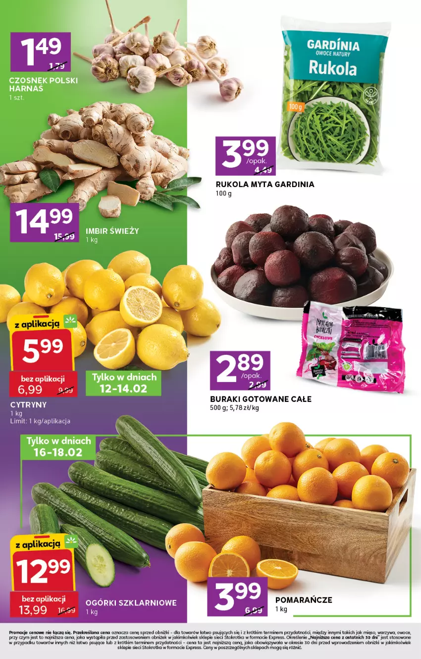 Gazetka promocyjna Stokrotka - Stokrotka Express - ważna 12.02 do 18.02.2026 - strona 2 - produkty: Buraki, Czosnek, Harnaś, Imbir, Mięso, Owoce, Rukola, Warzywa
