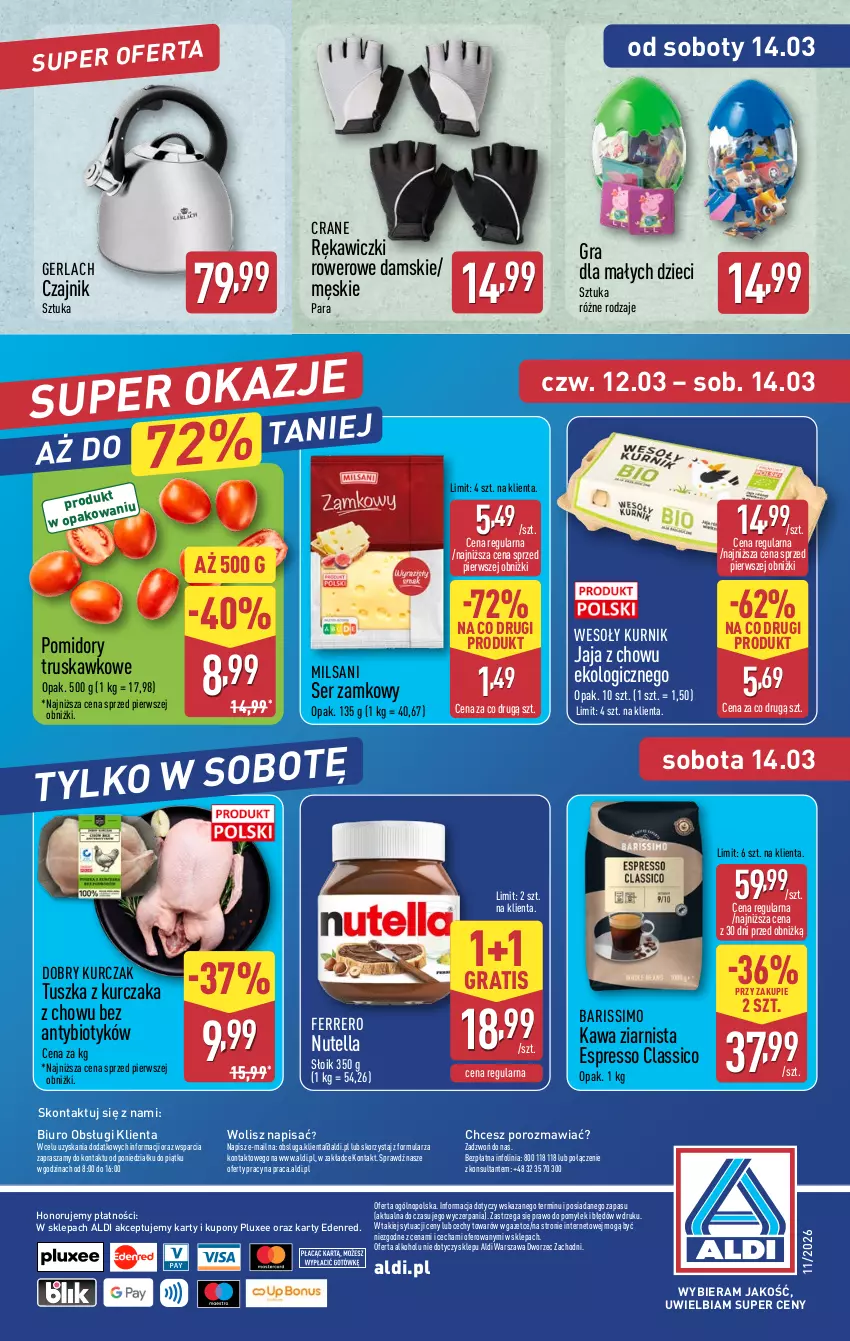 Gazetka promocyjna Aldi - Oferta weekendowa - ważna 12.03 do 14.03.2026 - strona 14 - produkty: Biuro, Czajnik, Dzieci, Ferrero, Gra, Jaja, Kawa, Kawa ziarnista, Kurczak, Nutella, O nas, Pomidory, Por, Rower, Ser, Tusz