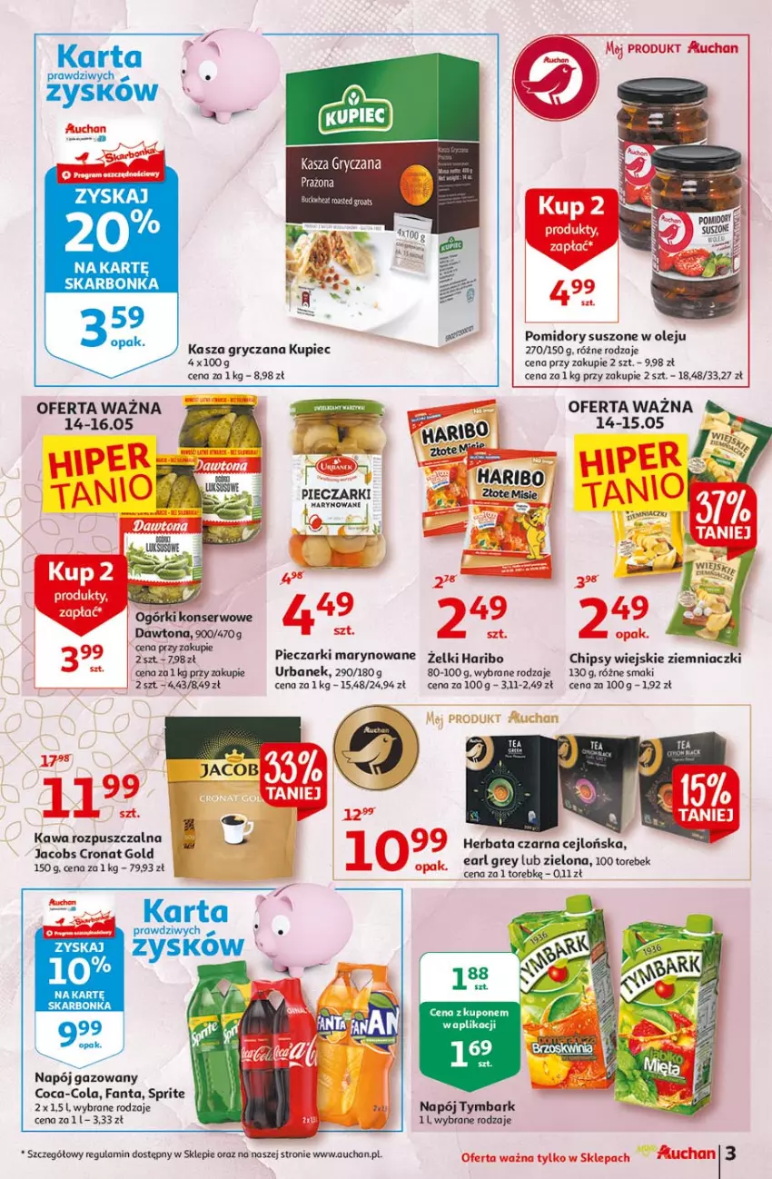 Gazetka promocyjna Auchan - 25 Urodziny #4 Moje Auchan - ważna 14.05 do 21.05.2021 - strona 3 - produkty: Chipsy, Coca-Cola, Dawtona, Fa, Fanta, Gry, Haribo, Herbata, Herbata czarna, HP, Jacobs, Kasza, Kasza gryczana, Kawa, Kawa rozpuszczalna, Kupiec, LG, Napój, Olej, Piec, Pomidory, Sprite, Tymbark