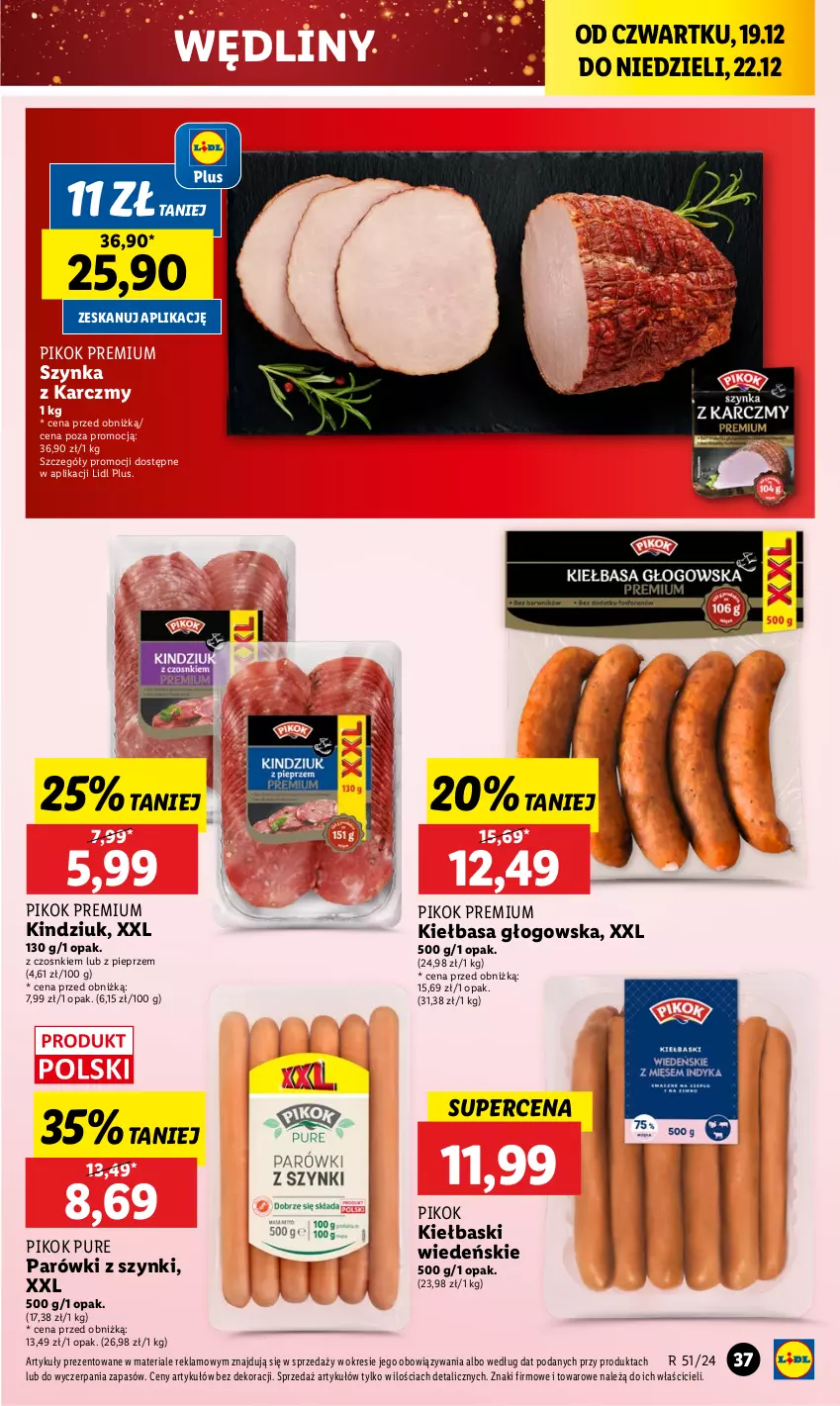 Gazetka promocyjna Lidl - GAZETKA - ważna 19.12 do 22.12.2024 - strona 41 - produkty: Kiełbasa, Kiełbasa głogowska, Kindziuk, Parówki, Parówki z szynki, Pieprz, PIKOK, Pur, Szynka